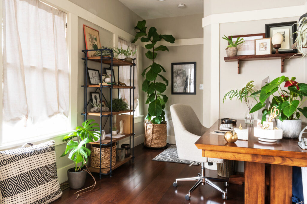 9: Add a Touch of Greenery for the Home Office in Living Room 