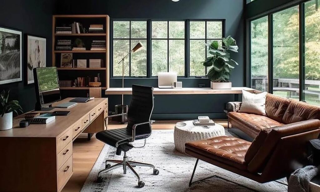 a home office setup with sleek furniture a pc and a book shelf