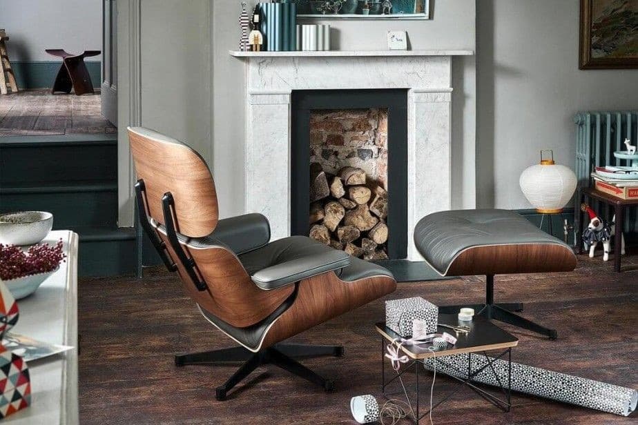 home office setup with iconic modern furnture mid centrury inspired fire place