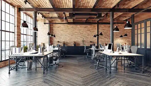 modern office interior design with exposed brick walls