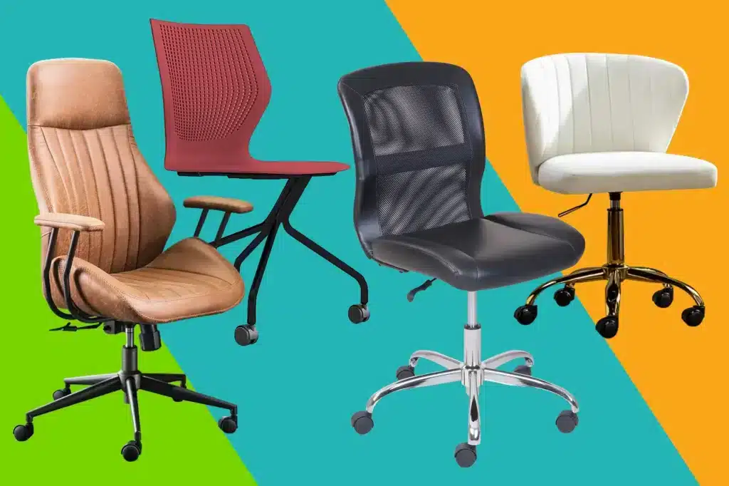 different office chairs in frront of a colored background