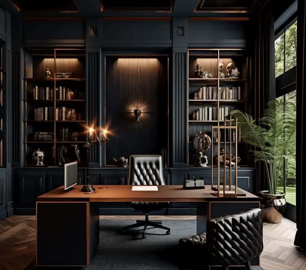 a big plant placed alongside a large window in a dark office