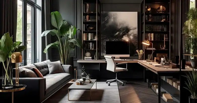 a modern home office in black theme balck walls plants placed