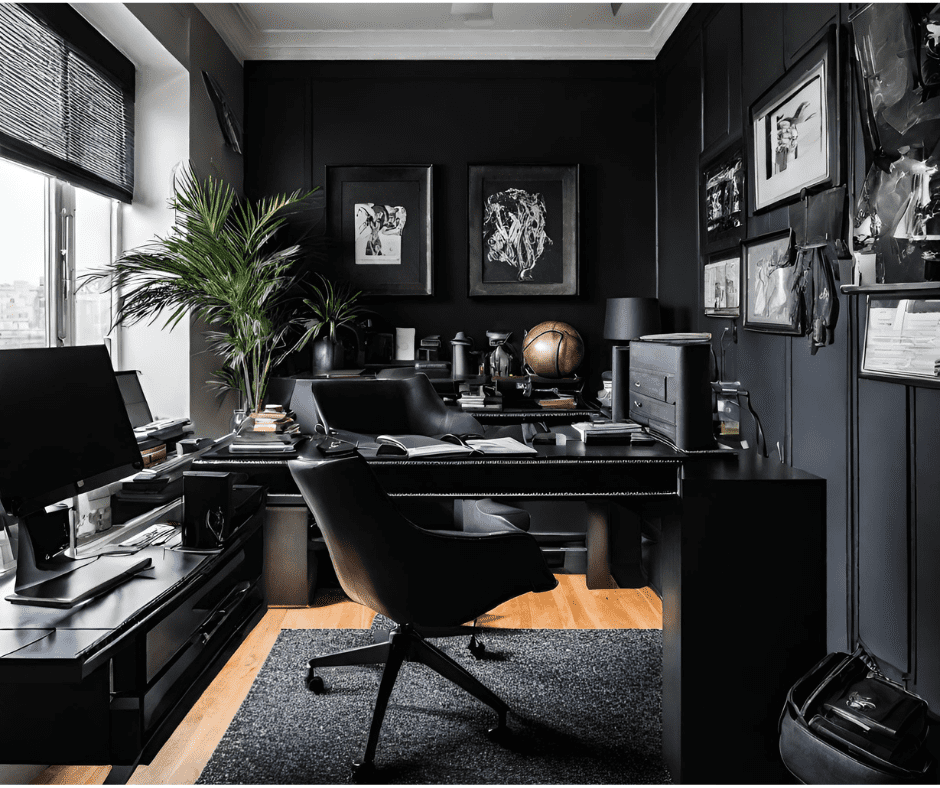 dark black furniture pices in a dark home office a large window black working desk chair art pieces