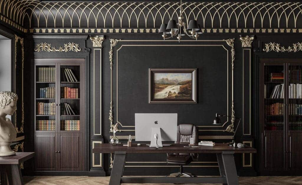 high quality wooden wall in black color a workind desk leather chair and Pc