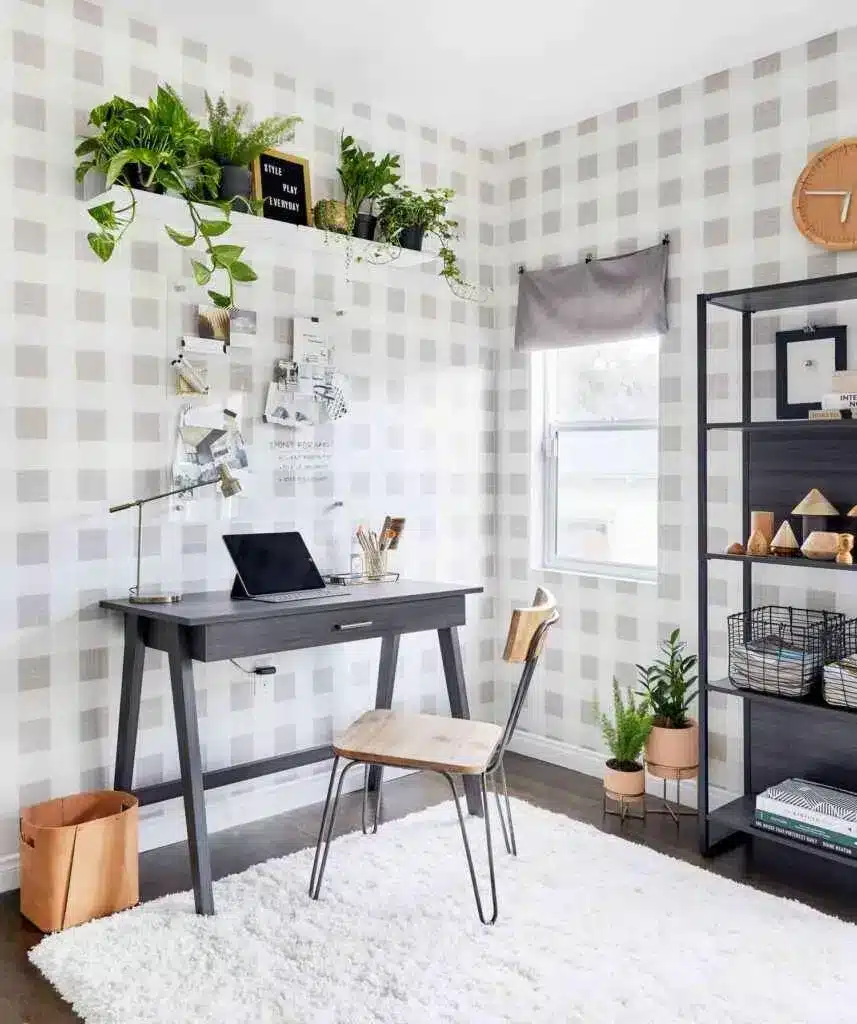 home office setting with the decorative walls