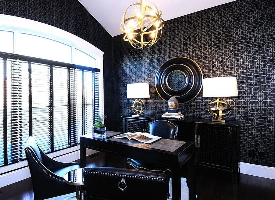 lamps with metallic handles working desk in black color black chairs and a large window