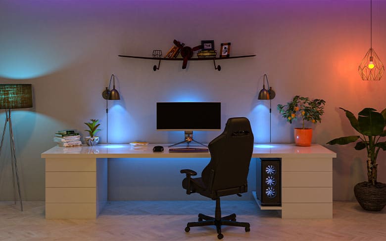 lighing setup in home office a wokring chair wokring desk and plant pots