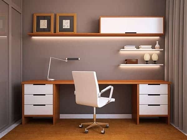 minimalist deisgn in home office white wokrinf chair simpledesk lamp pieces of art work displayed on shelf