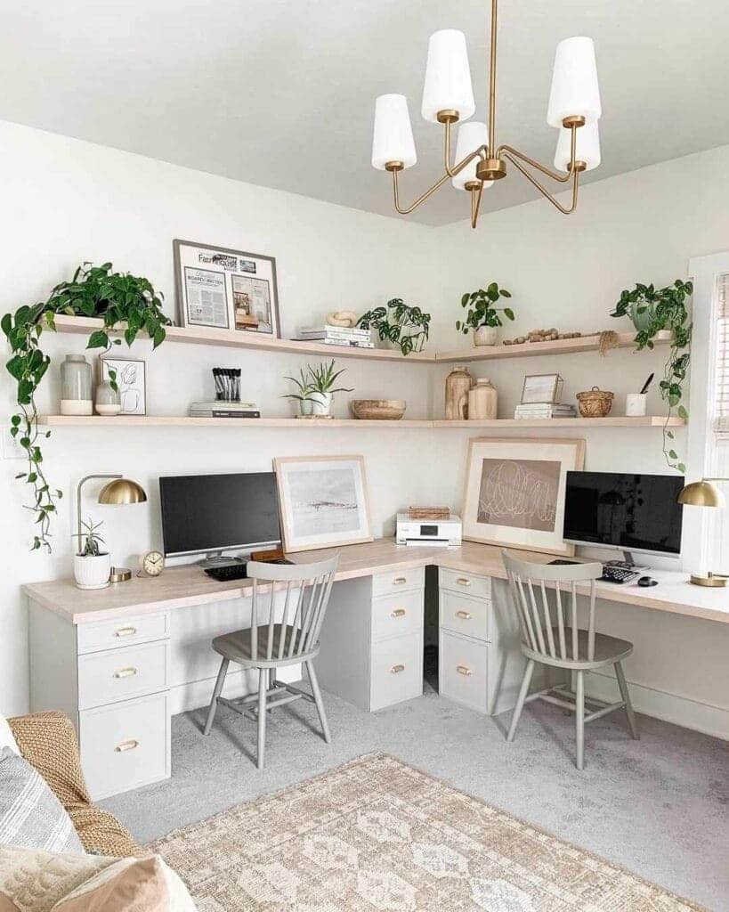 open shelves in home office different items arranged on them a lighting fixture plant pots and working chairs