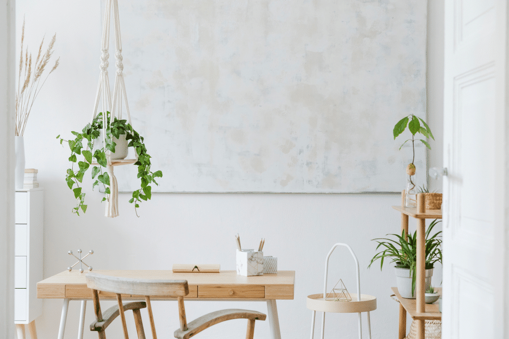 boho interior with plants table and decor