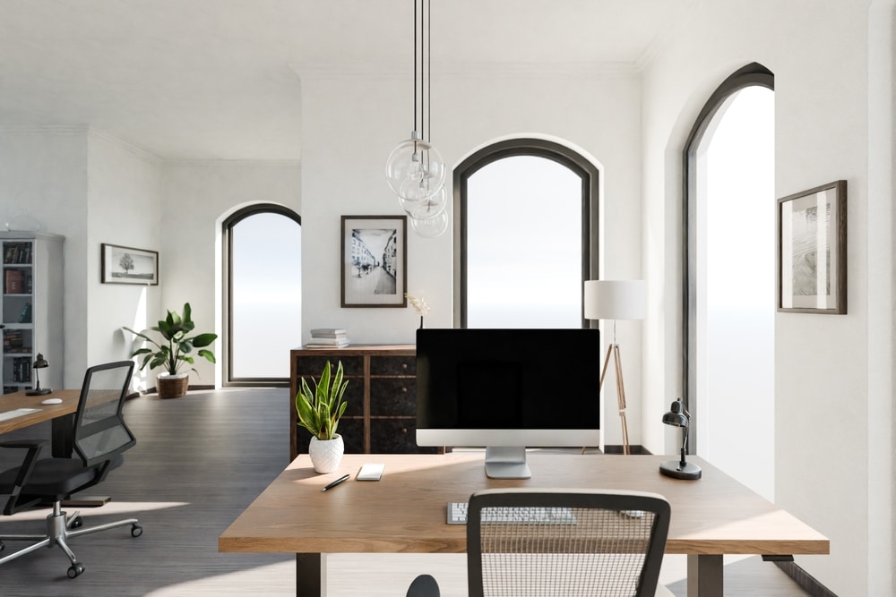 floor-to-ceiling windows and panoramic view; modern interior design of workspace home office area