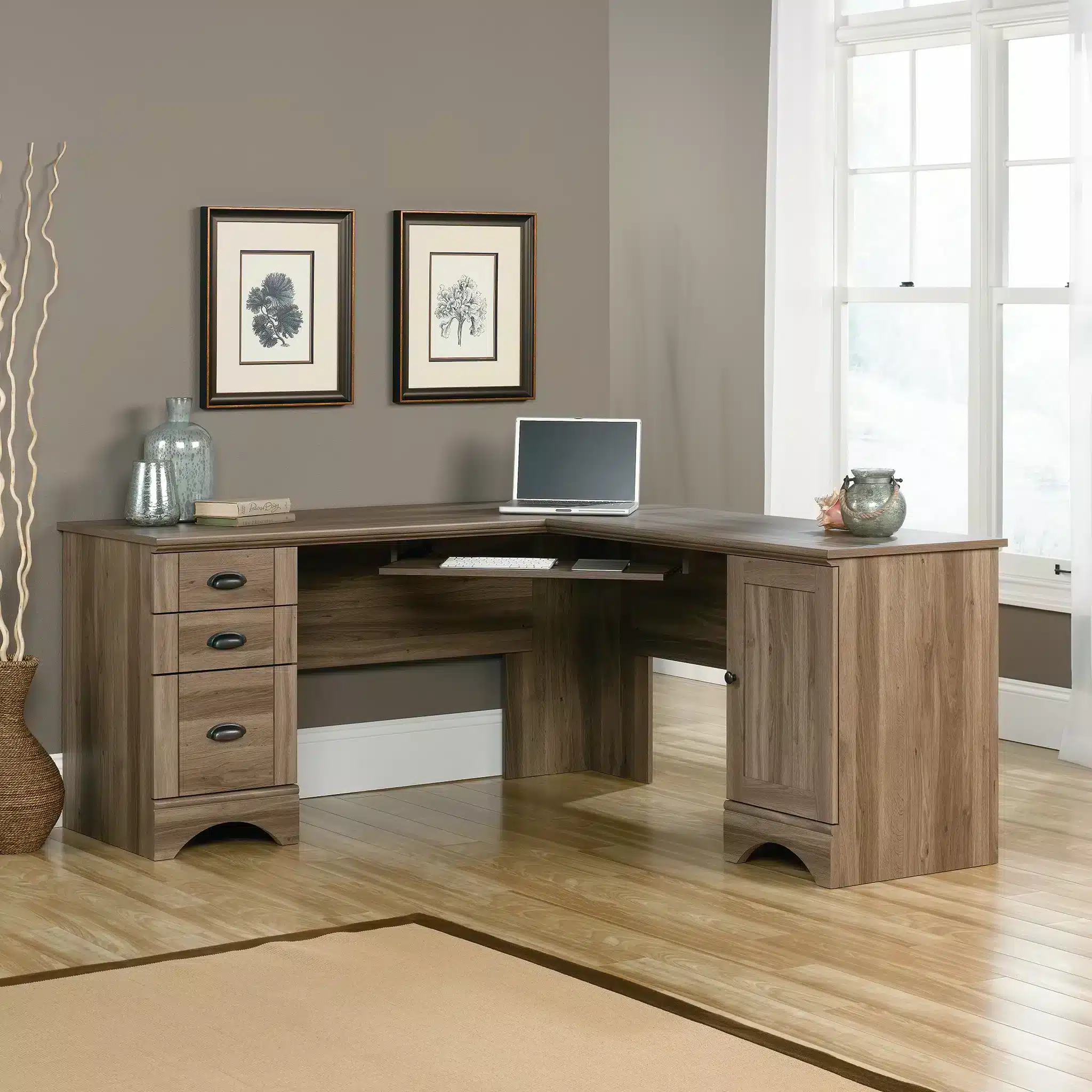 sauder harbor L shaped wooden desk with drawers