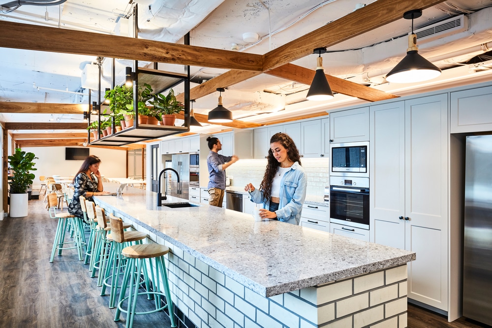 Interior photography of a contemporary design corporate office break out area staff in a kitchen area