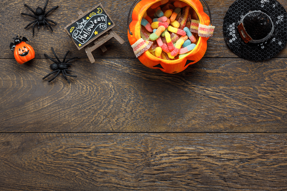 Top view of Happy Halloween decorations festival and candy trick or treat background