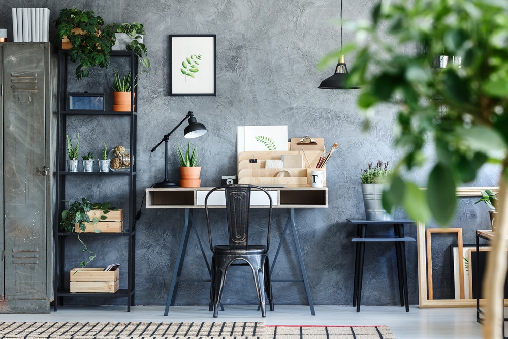 bold wall color in an industrial home office