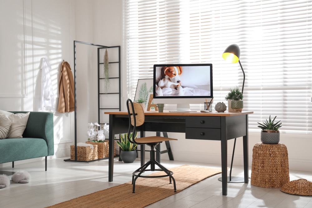 home office desk, chair, a lamp